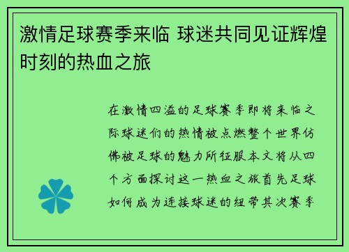 激情足球赛季来临 球迷共同见证辉煌时刻的热血之旅